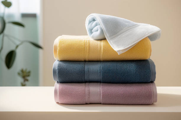 stack of soft bath towels on table against blurred background. space for text